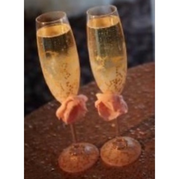 DIAMORE Handmade Blush Floral/Lace Gold Wedding Champagne Flutes (Set of 2) - Picture 7 of 7